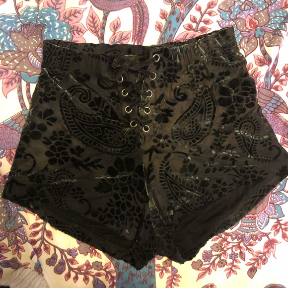 Velvet High Waist Lace Up Paisley Booty Shorts - Picture 1 of 3